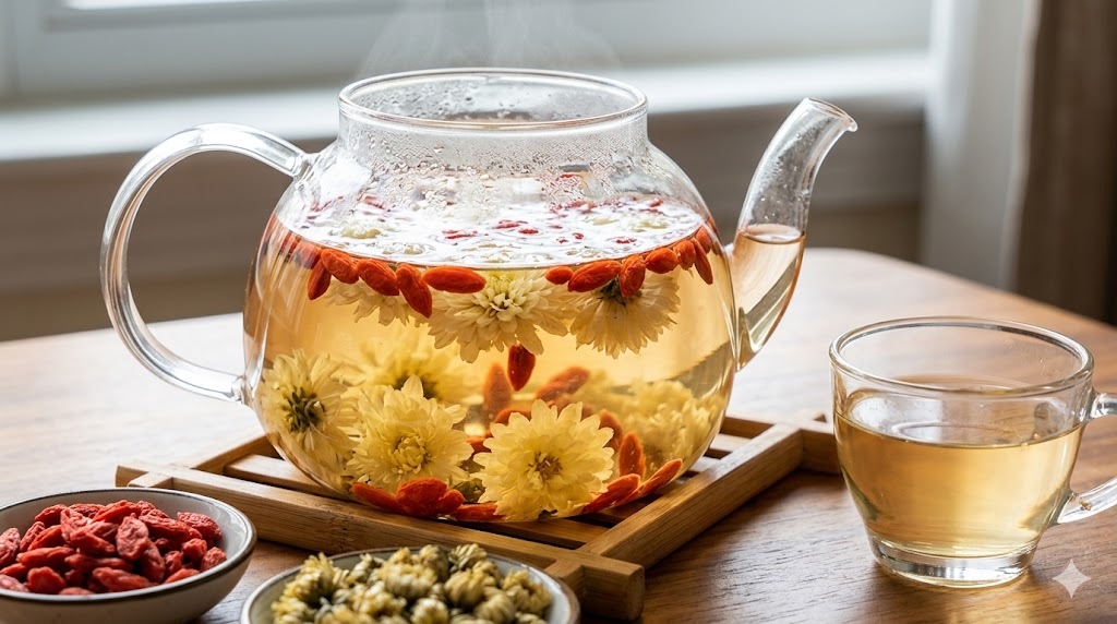 Refreshing tea. Goji and Chrysanthemum flower tea, 