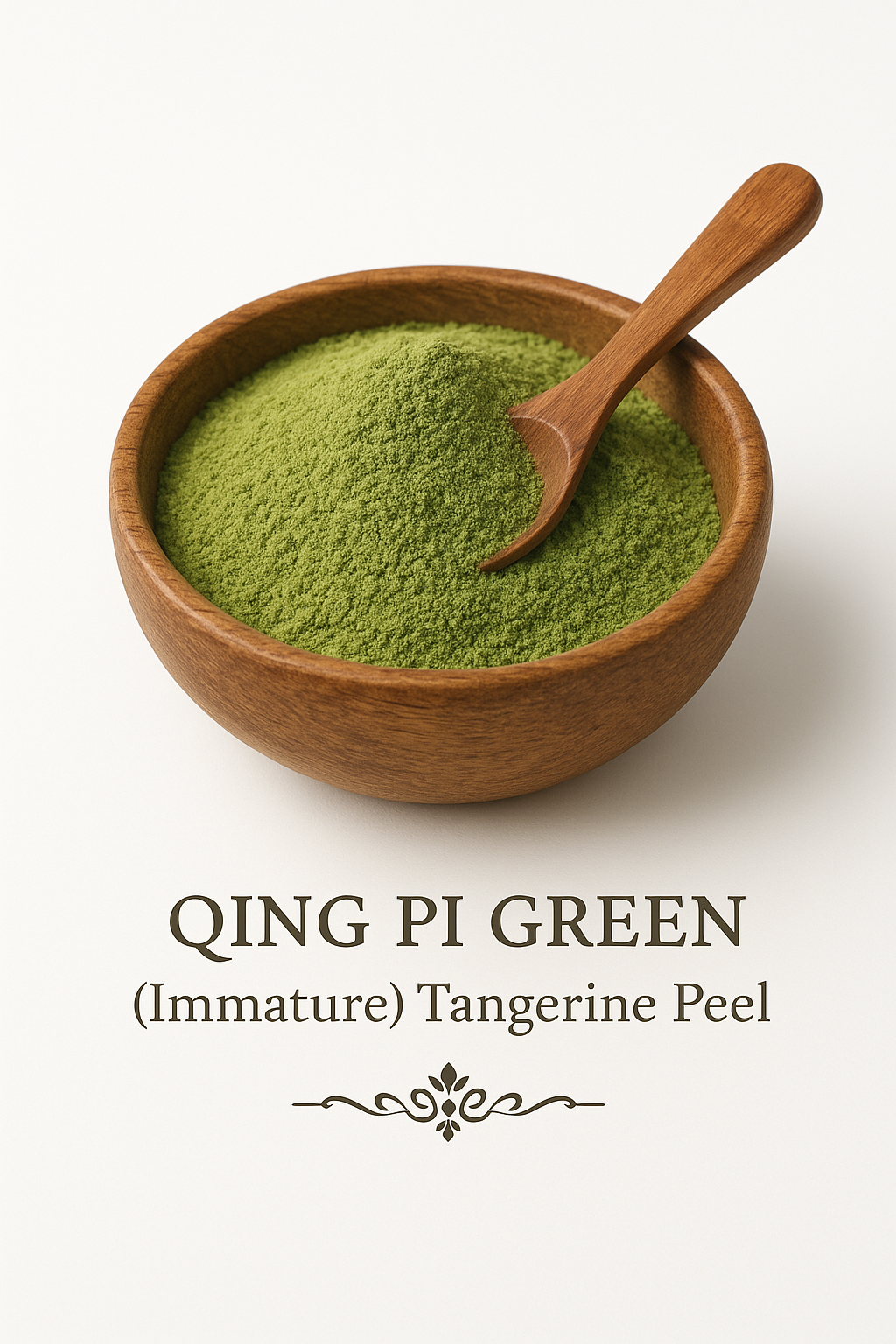 Qing Pi, Immature Tangerine Peel, in a wooden bowl, showing the find powder 