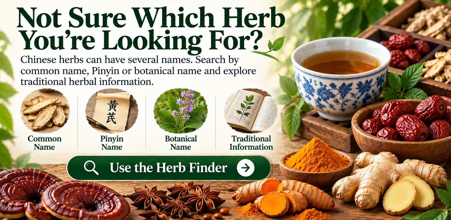 Chinese Herb Finder from 1st Chinese Herbs helps shoppers identify and explore herbs by common name, Pinyin name and botanical name, with traditional Chinese herbal information.
