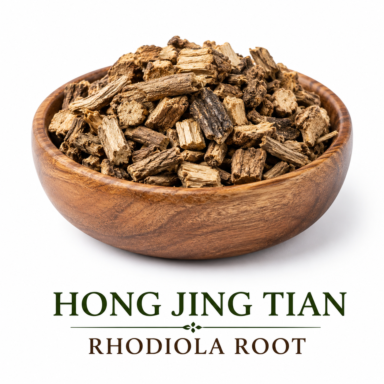 Hong Jing Tian Rhodiola Root in a wood bowl, show the details of the root