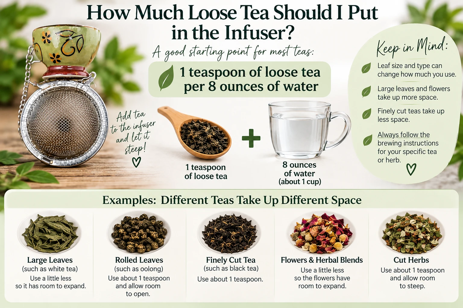 Simple loose leaf tea brewing guide showing a good starting point of 1 teaspoon of loose tea per 8 ounces of water. The graphic explains how large leaves, rolled teas, finely cut teas, flowers, herbal blends, and cut herbs take up different amounts of space inside a tea infuser.