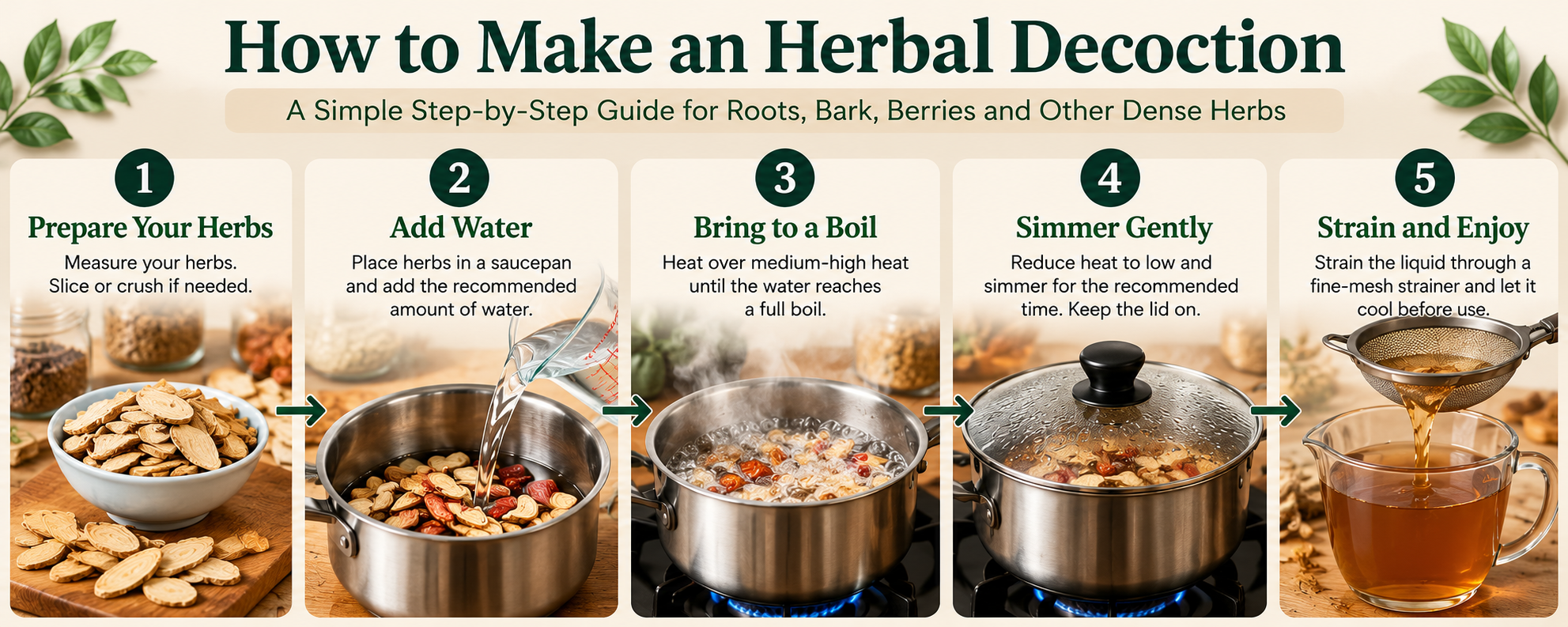 Five-step guide to making an herbal decoction: prepare dried Chinese herbs, add water, bring to a boil, simmer gently, and strain into a cup. Includes roots, bark, and berries.