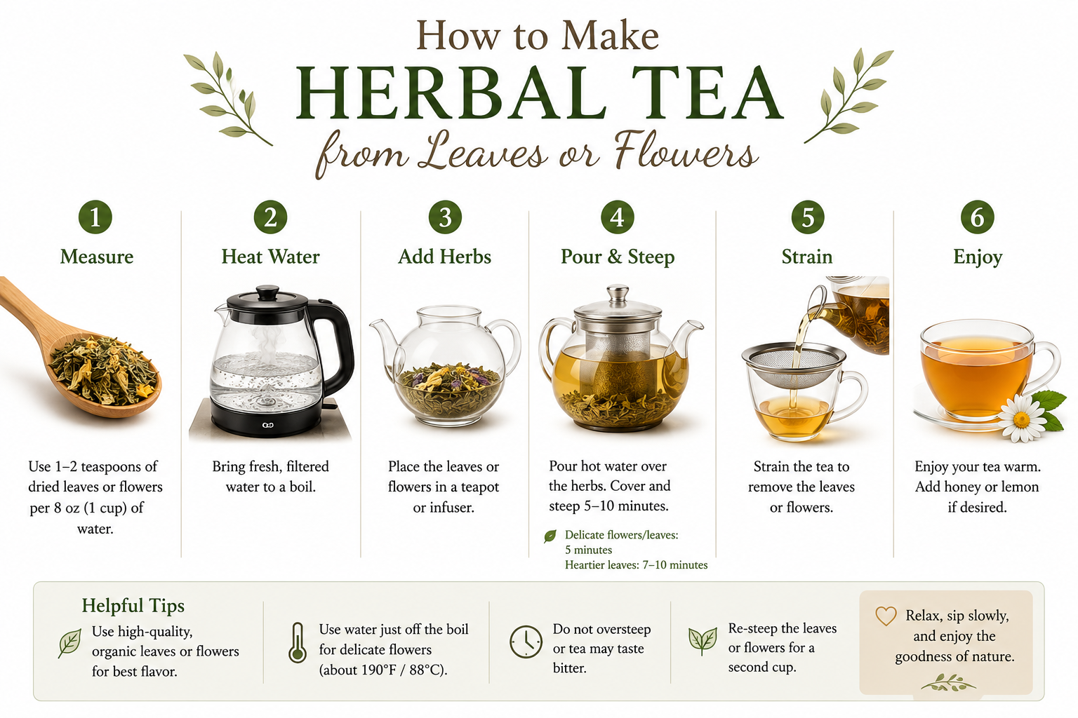 How to make herbal tea from dried leaves or flowers with six steps for measuring herbs, heating water, steeping, straining, and serving.