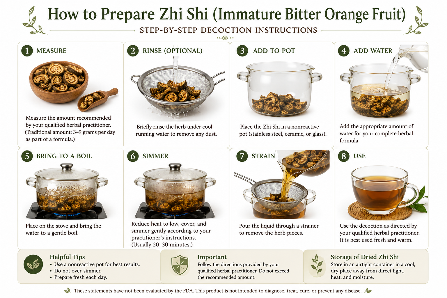 This step-by-step infographic illustrates the traditional preparation of Zhi Shi (Immature Bitter Orange Fruit) as a decoction. It walks readers through measuring the herb, optionally rinsing it, placing it in a nonreactive pot, adding water, bringing it to a gentle boil, simmering, straining, and serving. The graphic also includes helpful preparation tips, storage recommendations, and important safety information for educational purposes.