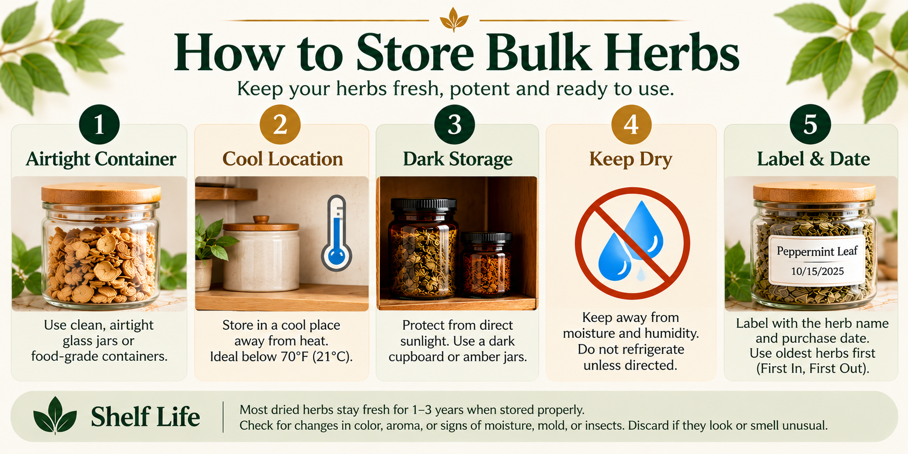 How to store bulk herbs properly with five simple tips: use airtight containers, keep herbs cool and away from sunlight, protect from moisture, and label jars with dates to maintain freshness and quality.