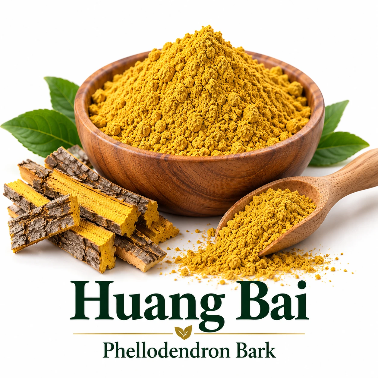 Huang Bai (Phellodendron Bark) powder in a wooden bowl with a wooden spoon, golden-yellow bark pieces, and green leaves on a white background.