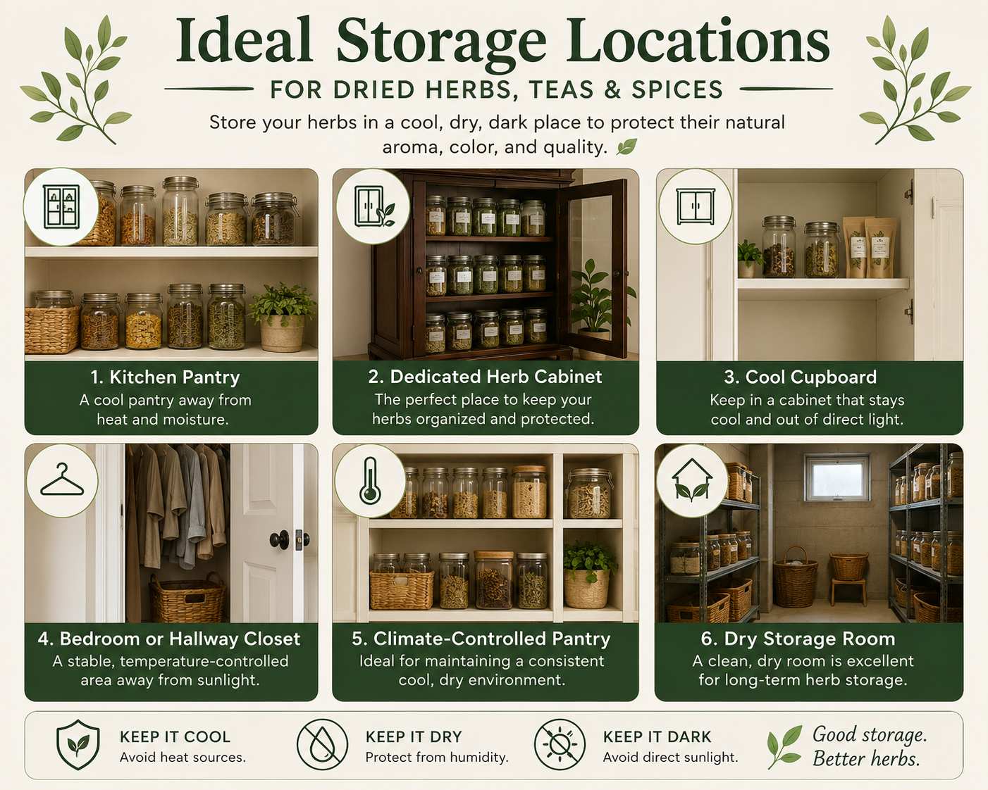 Storing your herbs in a cool dry dark place to protect their natural color, quality and aroma