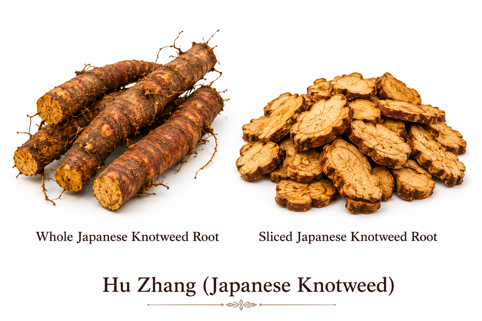 A side-by-side comparison of whole and sliced Hu Zhang (Japanese Knotweed) root on a clean white background, showing the herb's natural tan, golden-brown, and reddish-brown color variations commonly seen in high-quality dried root.