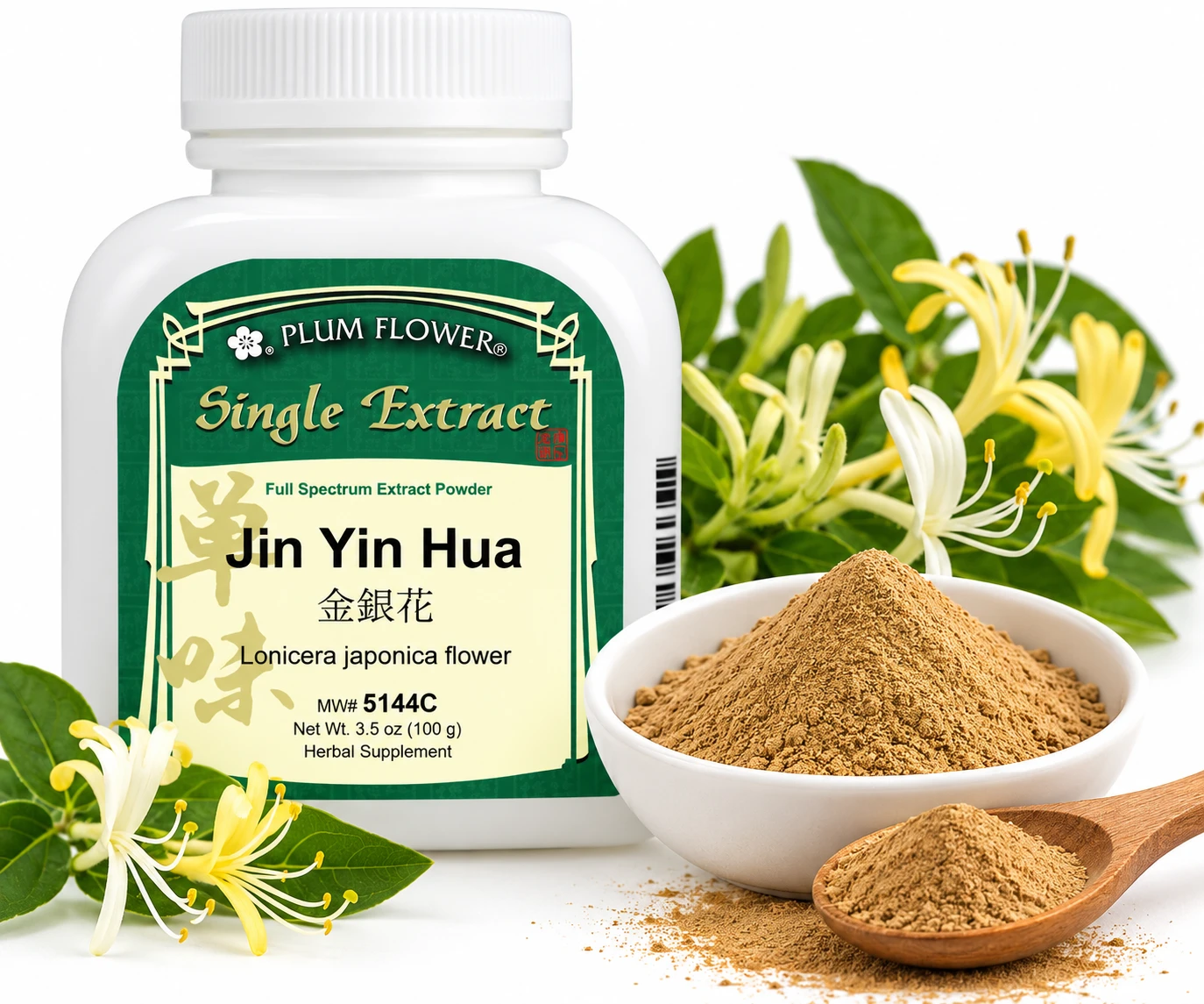 Discover Plum Flower Jin Yin Hua (Honeysuckle Flower) Full Spectrum Extract Powder, 100 grams, available from 1st Chinese Herbs. This product image features the traditional Chinese herbal extract bottle alongside an illustrative display of finely textured golden-brown powder, a wooden spoon, and white and yellow honeysuckle blossoms. Explore this convenient herbal extract and learn about its traditional uses, ingredients, and preparation.