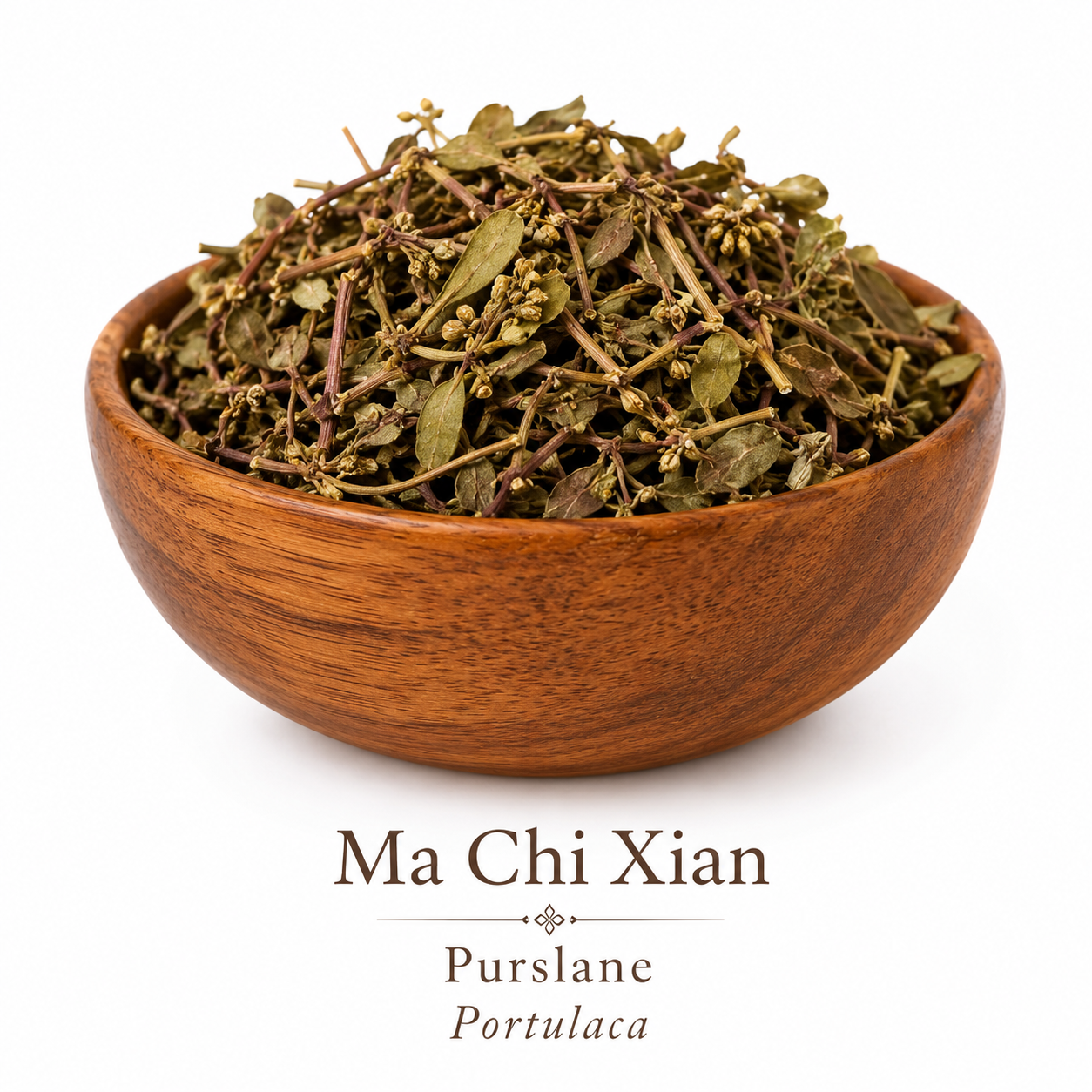 Ma Chi Xian (Purslane, Portulaca oleracea) in an elegant wooden bowl on a white background.