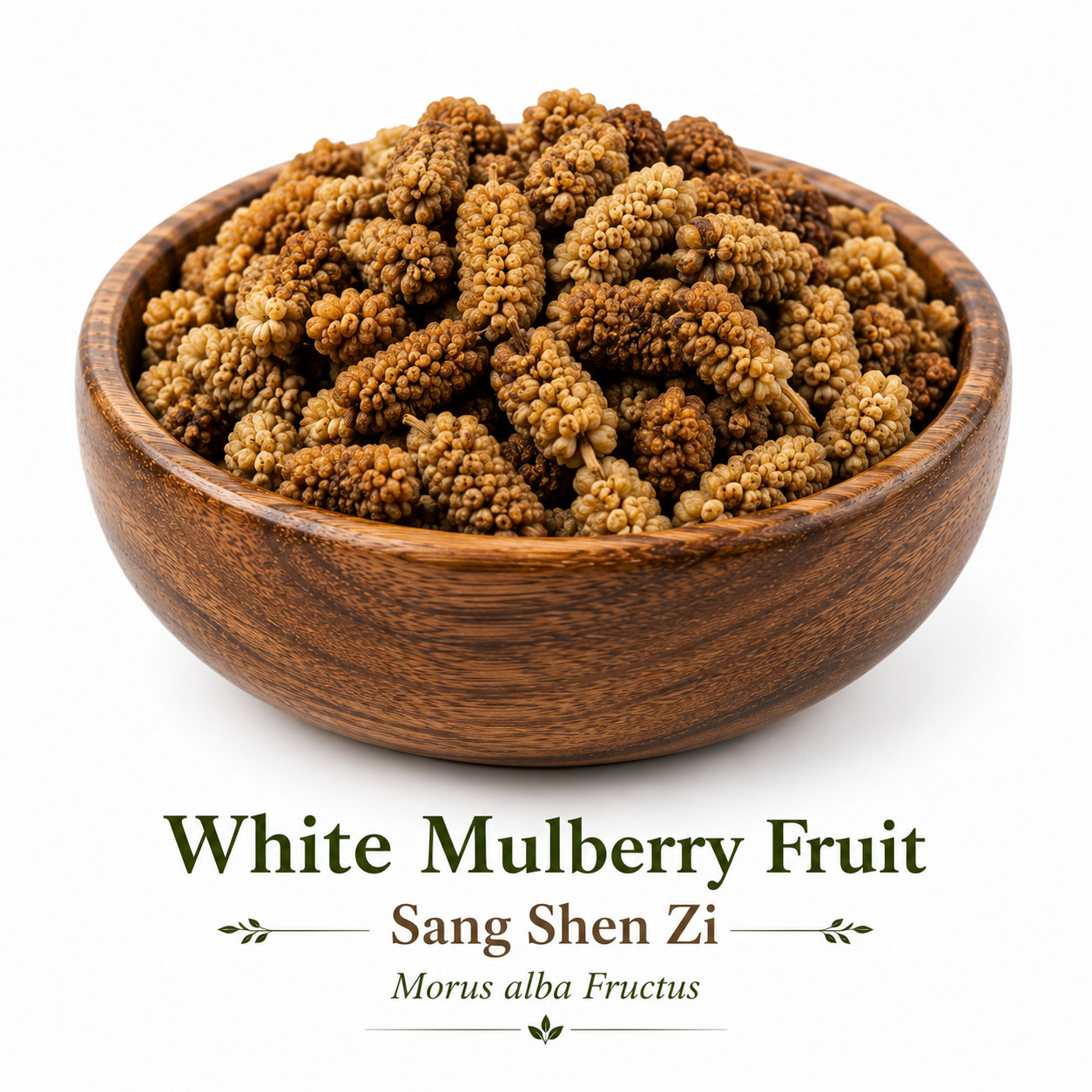 Premium White Mulberry Fruit (Sang Shen Zi, Morus alba Fructus) in an elegant wooden bowl on a white background, showcasing whole dried mulberries for traditional Chinese herbal use.