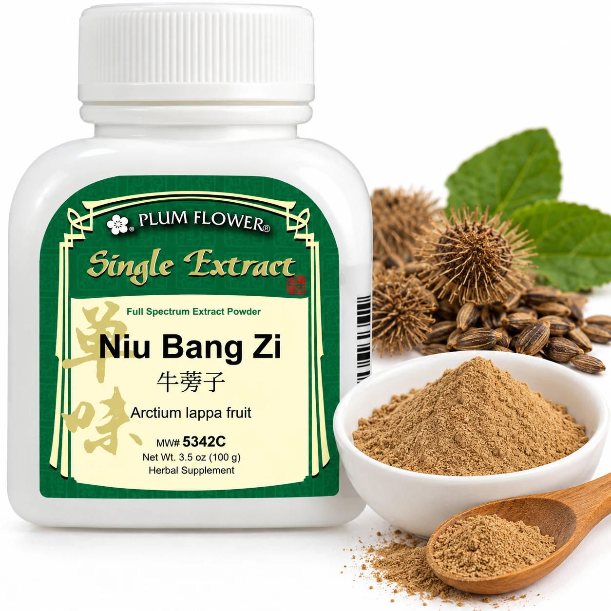Plum Flower Niu Bang Zi (Arctium lappa) burdock seed full-spectrum extract powder, 100 g bottle, displayed with fine herbal powder, burdock seeds, and dried burs.