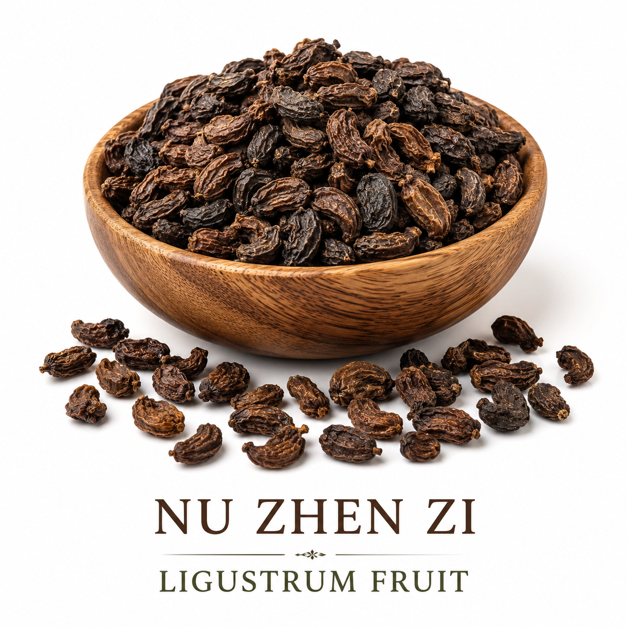 Premium whole Nu Zhen Zi (Ligustrum Fruit) displayed in an elegant wooden bowl, showcasing the natural appearance of dried Ligustrum lucidum fruit used in Traditional Chinese herbal practice.