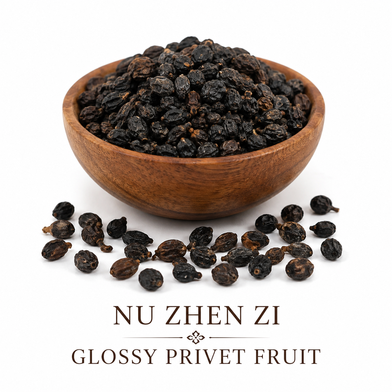 Nu Zhen Zi Whole Fruit in a wooden bowl, showing what it looks like as well as the common and pin yin names 