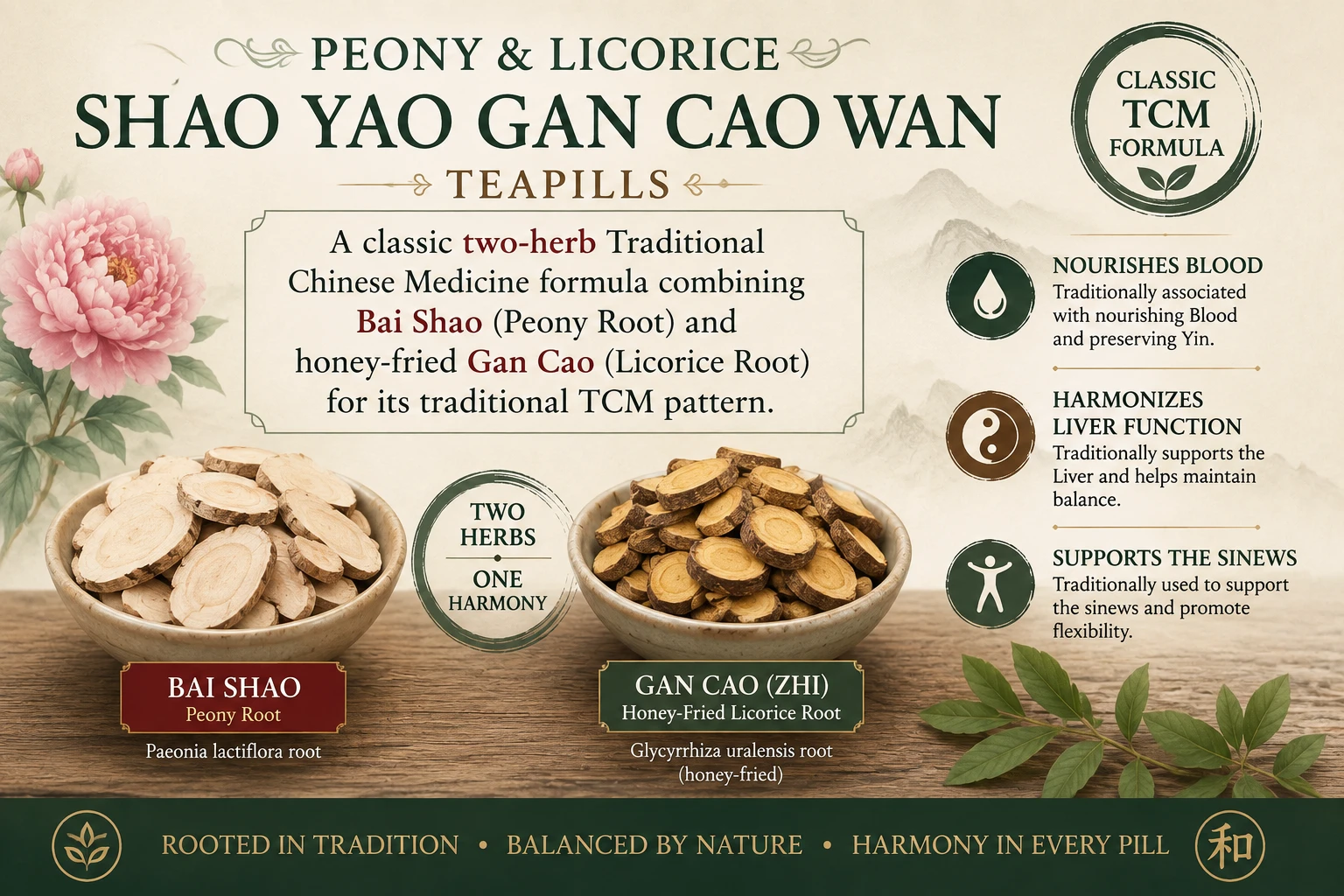 Shao Yao Gan Cao Wan Peony and Licorice Teapills with Bai Shao and honey-fried Gan Cao in a traditional two-herb TCM formula.