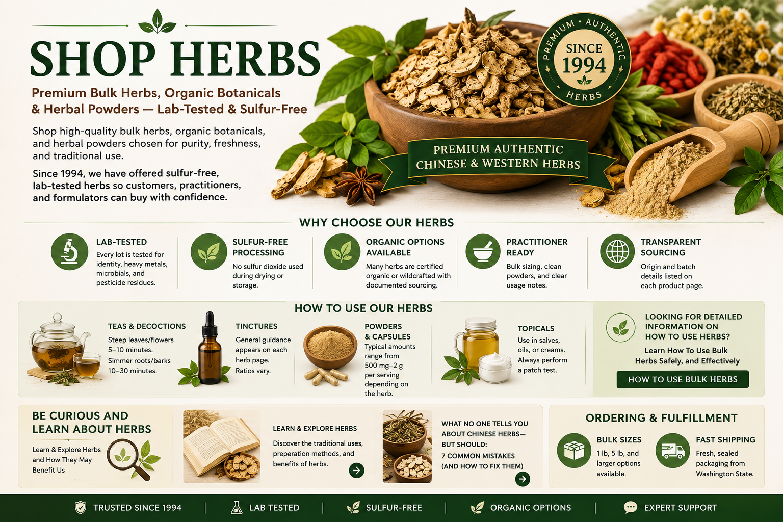 Premium bulk Chinese and Western herbs displayed in wooden bowls with lab-tested, sulfur-free quality highlights, organic options, and transparent sourcing from 1st Chinese Herbs. This educational graphic showcases authentic herbal products, preparation methods, and trusted quality standards to help customers confidently shop for bulk herbs, herbal powders, and botanicals online.