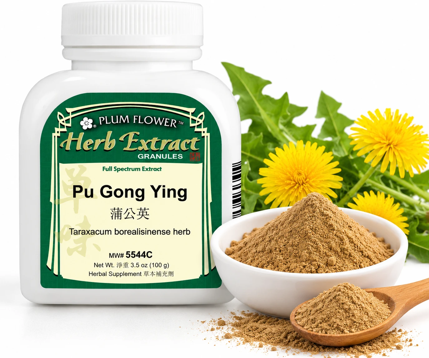 Discover Plum Flower Pu Gong Ying (Chinese Dandelion) Full Spectrum Extract Powder, 100 grams, available from 1st Chinese Herbs. This product image features the herbal extract bottle alongside an illustrative display of finely textured brown powder, a wooden spoon, fresh yellow dandelion flowers, and green leaves. Explore its traditional Chinese herbal uses, botanical information, and preparation instructions.