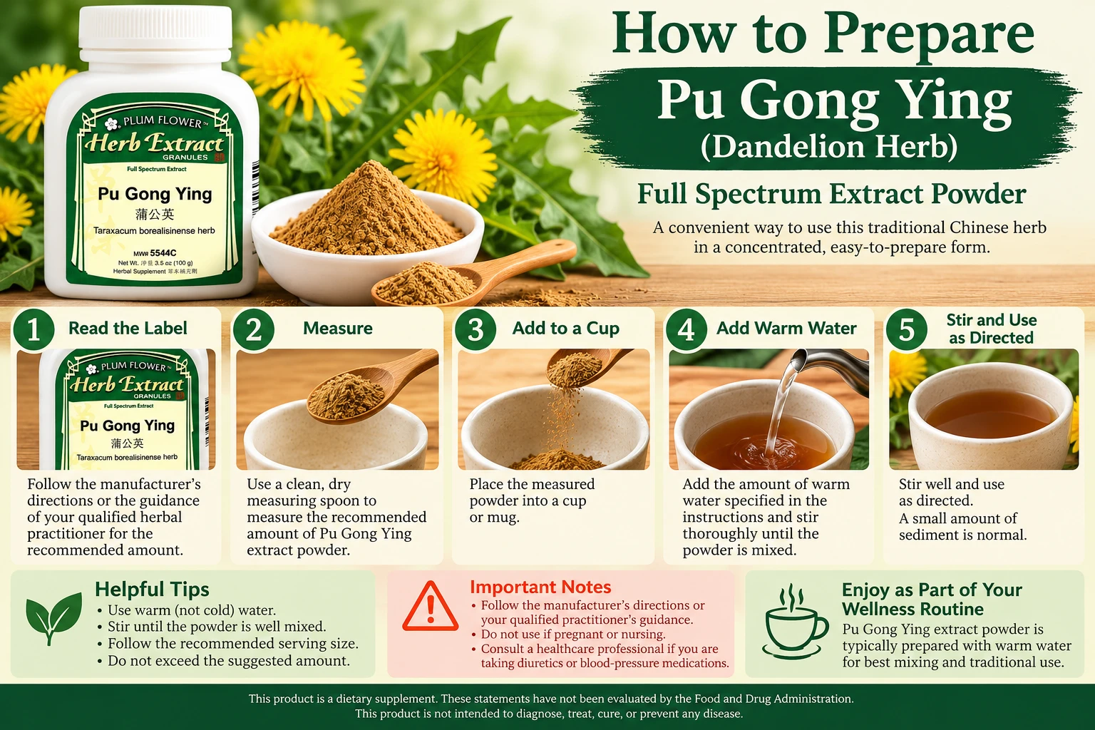 How to prepare Pu Gong Ying (Chinese Dandelion) Full Spectrum Extract Powder by Plum Flower. Five illustrated steps show measuring the herbal extract, adding it to a cup, mixing with warm water, and stirring as directed.