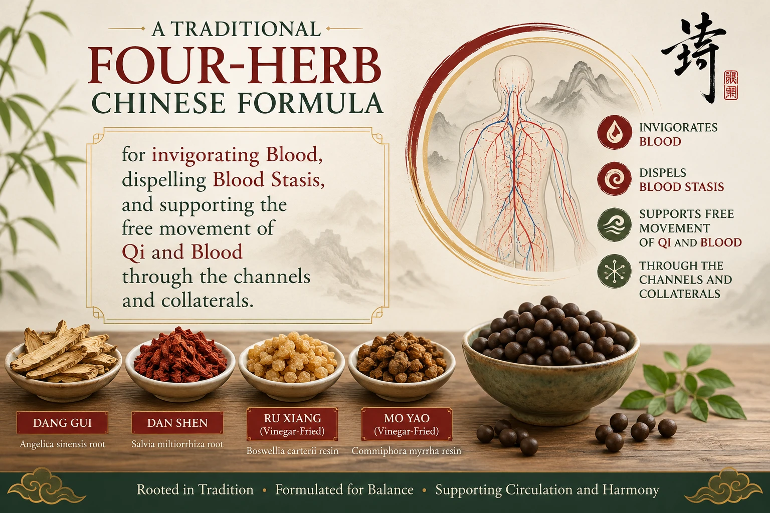 Red Vessel Huo Luo Xiao Ling Wan educational graphic featuring the four traditional Chinese herbs Dang Gui, Dan Shen, vinegar-fried Ru Xiang, and vinegar-fried Mo Yao. The illustration explains the formula&rsquo;s traditional TCM actions of invigorating Blood, dispelling Blood Stasis, and supporting the free movement of Qi and Blood through the channels and collaterals.