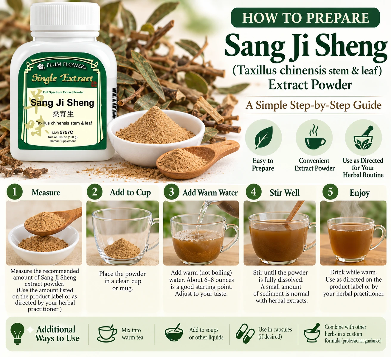 Learn how to prepare Sang Ji Sheng (Chinese Mulberry Mistletoe) Full Spectrum Extract Powder with this easy five-step visual guide from 1st Chinese Herbs. The infographic illustrates measuring the recommended amount, adding the powder to a cup, pouring in warm water, stirring thoroughly, and using as directed. Features Plum Flower Sang Ji Sheng extract powder, made from Taxillus chinensis stem and leaf.