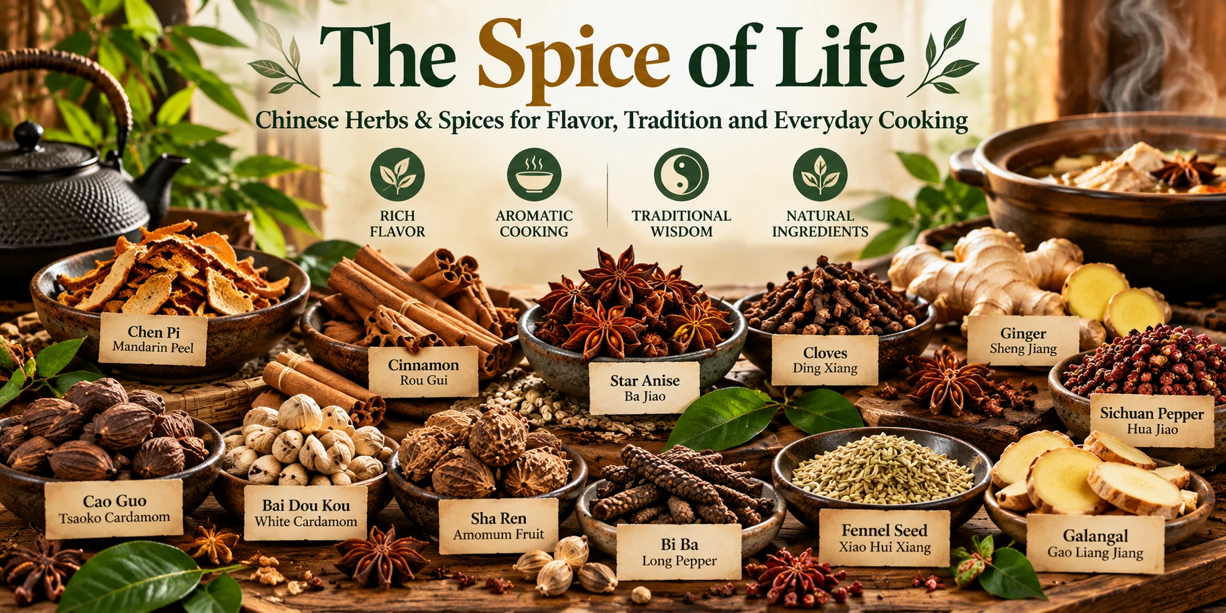 The Spice of Life infographic featuring 12 traditional Chinese culinary herbs and spices, including Chen Pi, cinnamon, star anise, cloves, ginger, Sichuan pepper, Cao Guo, white cardamom, Sha Ren, long pepper, fennel seed, and galangal, used in Chinese cooking, teas, and aromatic spice blends.