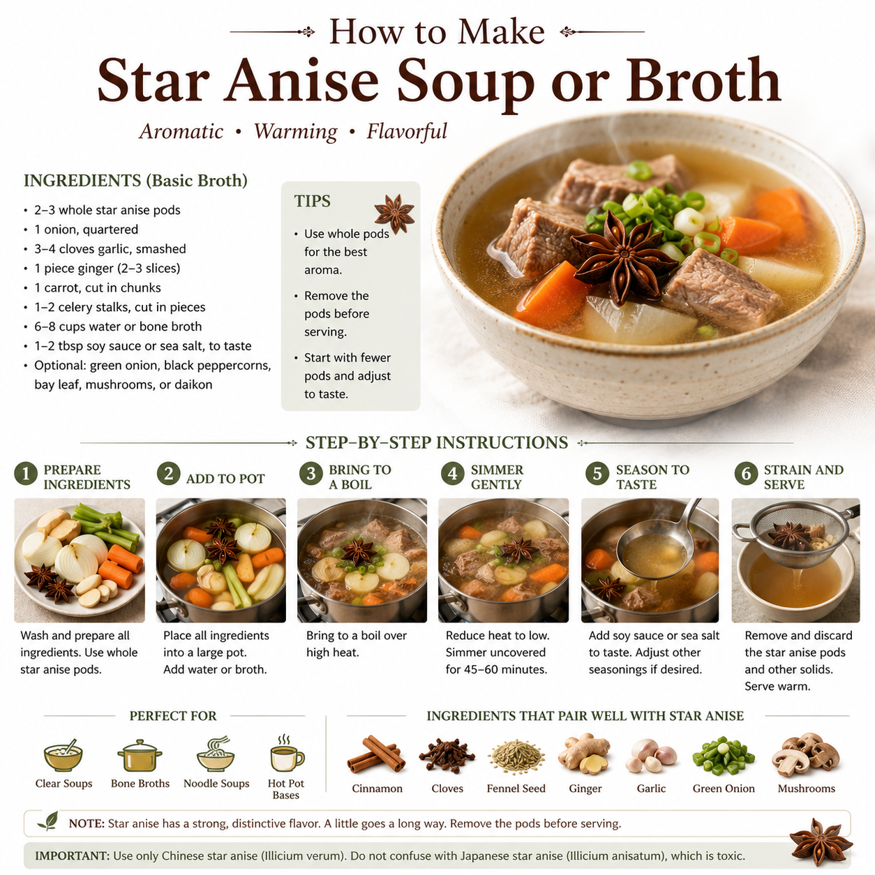Adding star anise to soups and broths step by step instructions