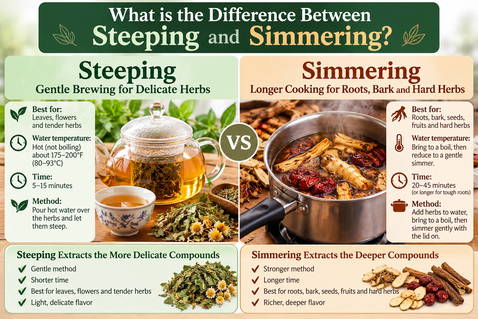 Steeping vs. simmering herbal preparation guide comparing hot-water infusions for delicate leaves and flowers (5–15 minutes) with gentle simmering for roots, bark, and hard herbs (20–45 minutes), including brewing methods and temperatures