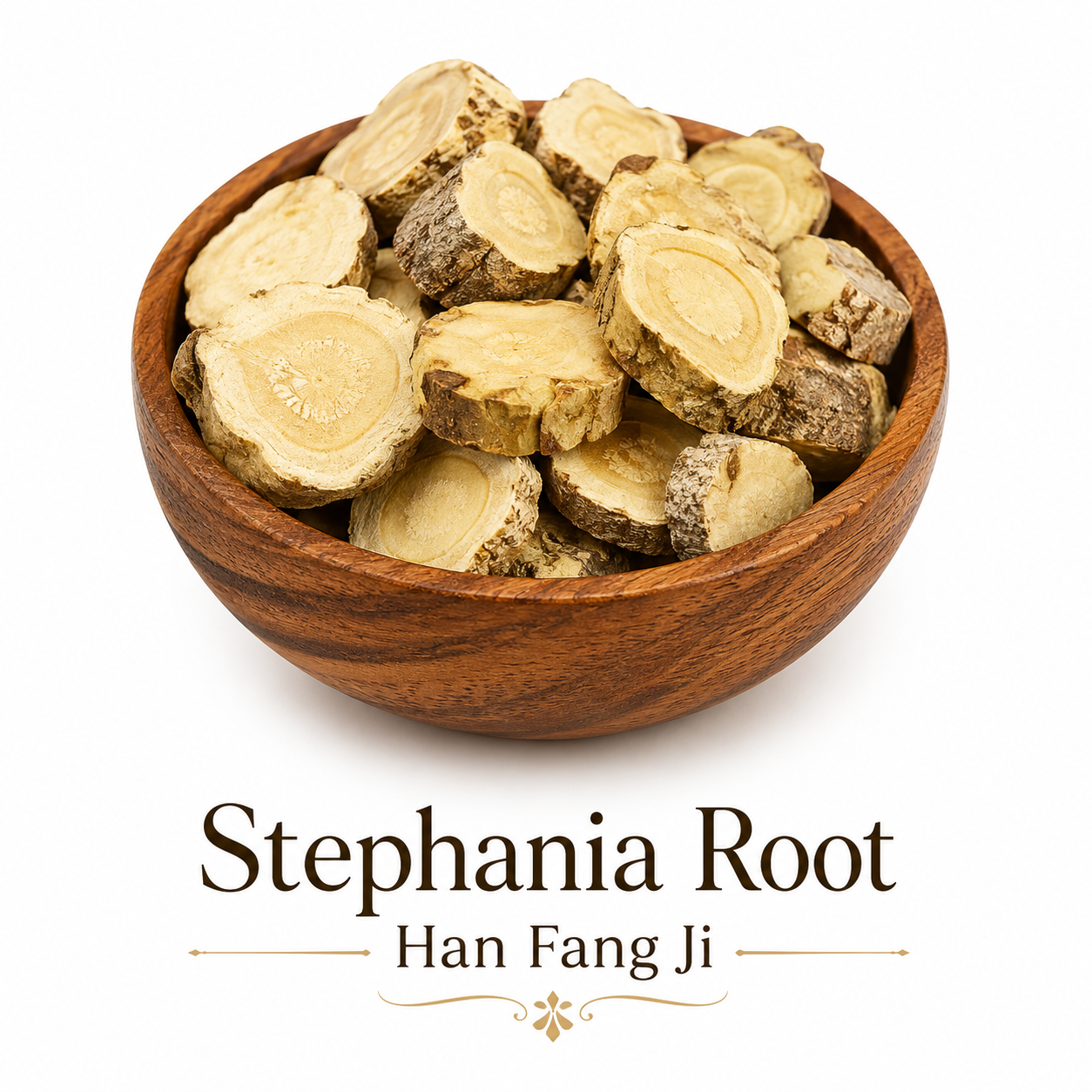 Infographic of stephania root in a bowl showing what the herb looks like
