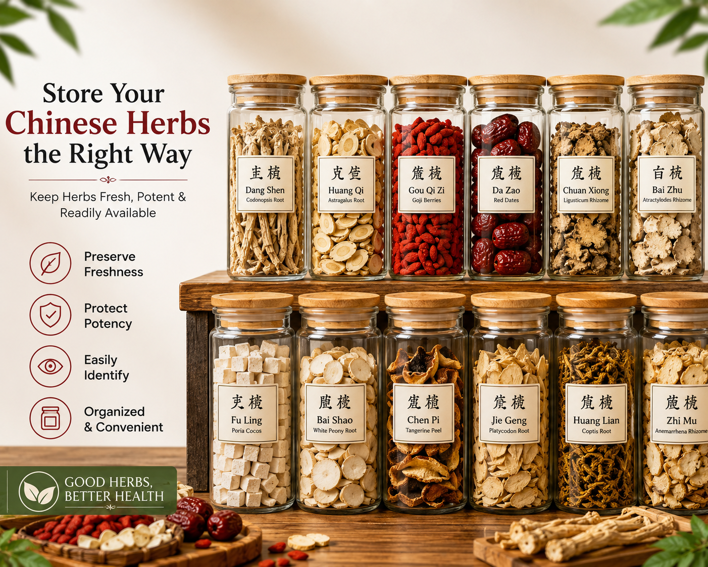 Glass jars filled with quality Chinese Bulk Herbs with labeling.   Storing your herbs the right way