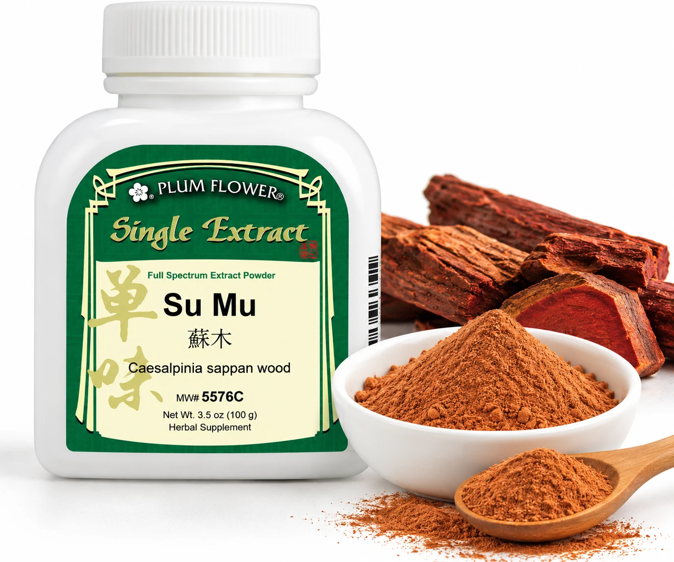 Discover Plum Flower Su Mu (Sappan Wood) Full Spectrum Extract Powder, 100 grams, available from 1st Chinese Herbs. This product image features the traditional Chinese herbal extract bottle alongside an illustrative display of finely textured reddish-brown powder, a wooden spoon, and Sappan Wood pieces. Explore its botanical identity, traditional Chinese herbal uses, preparation, and product information.