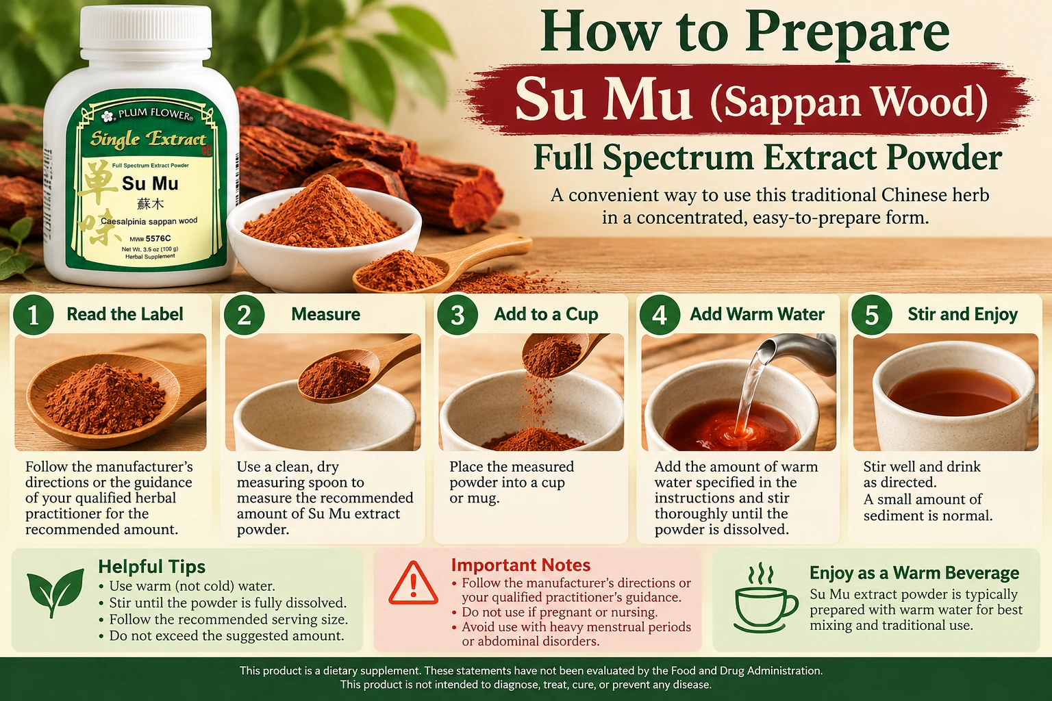Step-by-step infographic showing how to prepare Plum Flower Su Mu (Sappan Wood) Full Spectrum Extract Powder: read directions, measure powder, add to a cup, mix with warm water, and stir.