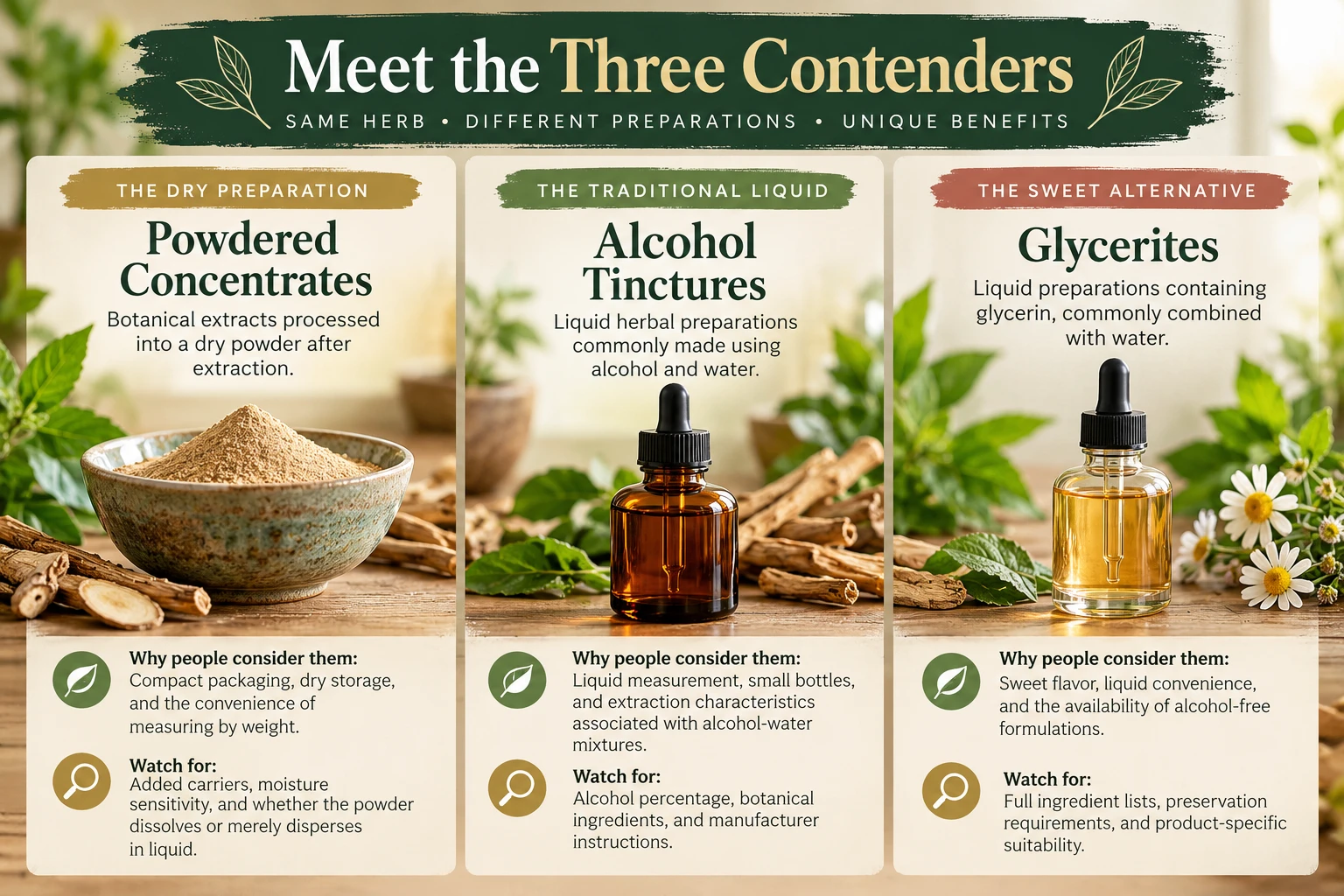 Herbal extracts comparison showing powdered herbal concentrates, alcohol tinctures, and glycerites, with their differences, benefits, and buying considerations.