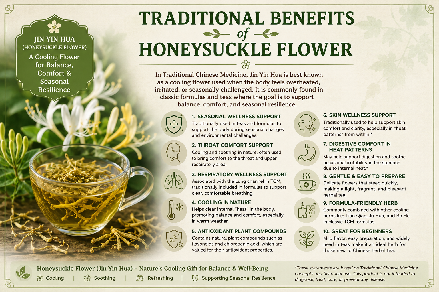 Jin Yin Hua, Honeysuckle flower traditional uses, Cooling Chinese Herbs, Traditional Chinese Medicinal flowers 