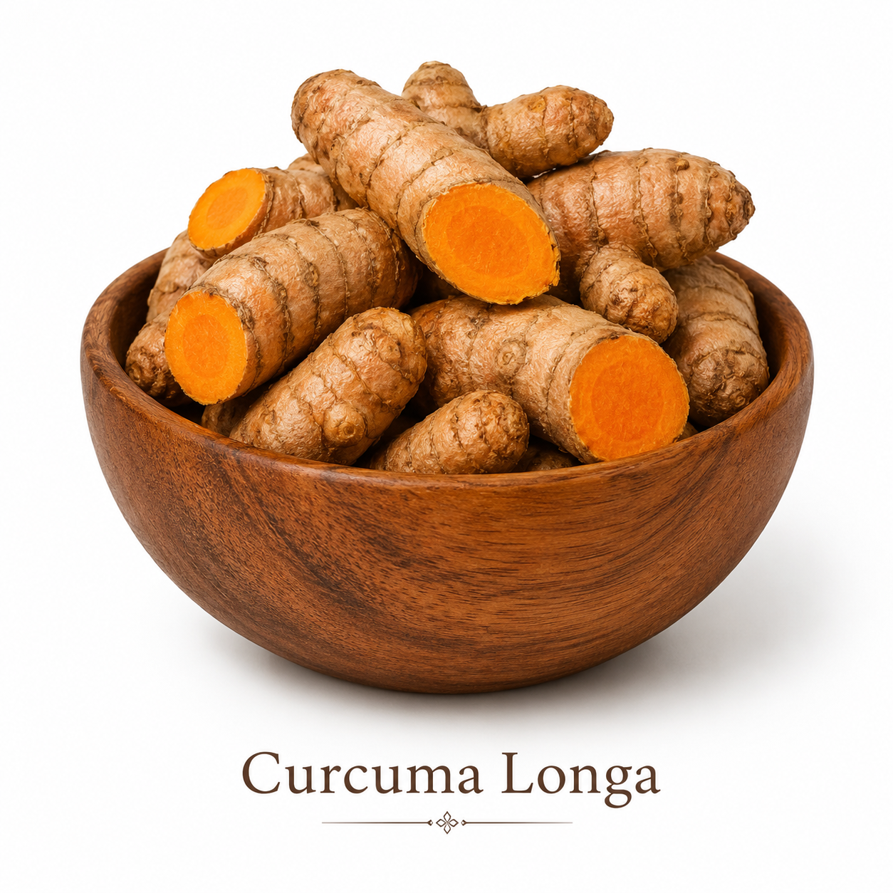 Premium turmeric (Curcuma longa) rhizome in a wooden bowl on a white background, showing the natural appearance of the whole root.