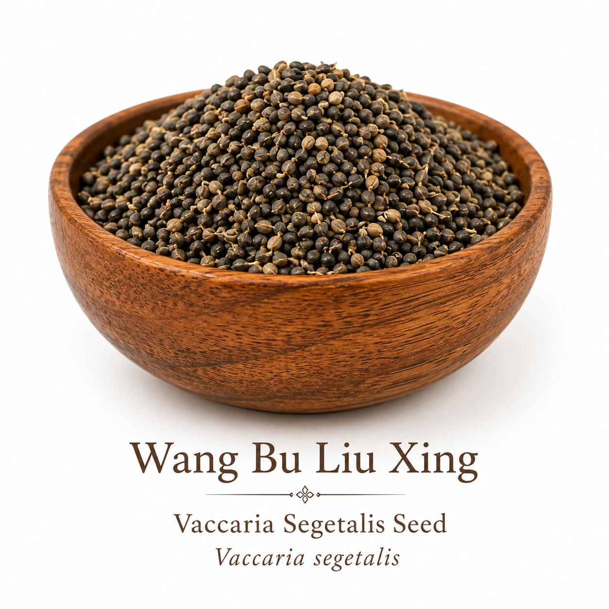 Elegant wooden bowl filled with premium Wang Bu Liu Xing (Vaccaria segetalis) seeds on a clean white background, showcasing the herb's natural dark brown to black seeds commonly used in traditional Chinese herbal preparations.
