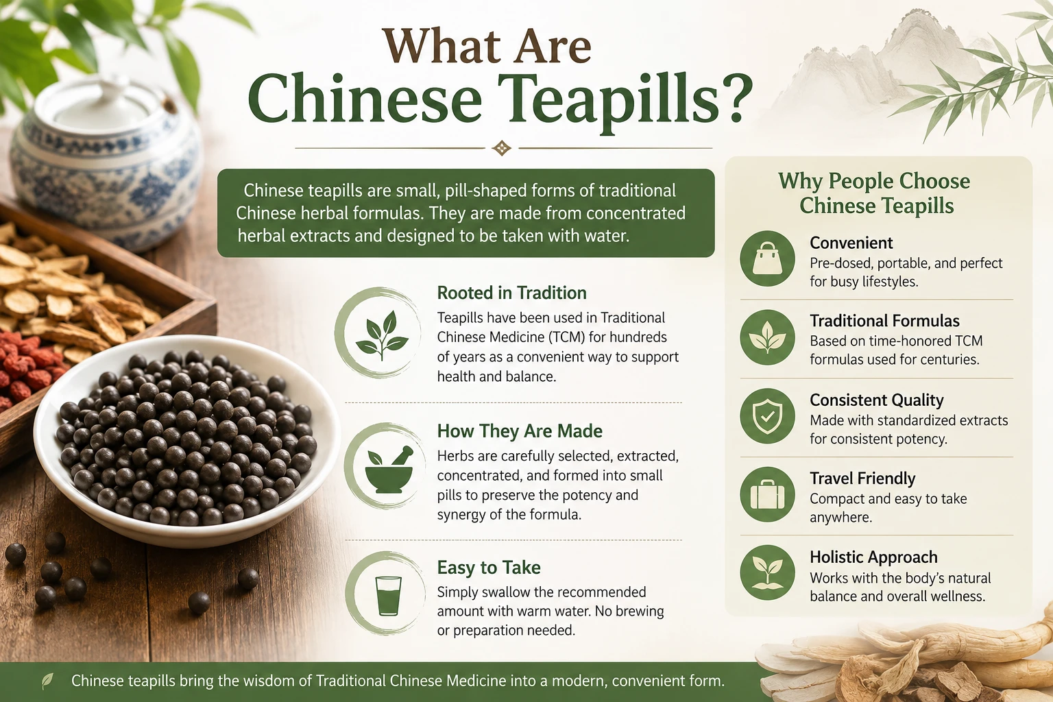 What are teapills? They are Chinese teapills which are prepared forms of traditional Chinese herbal formulas 