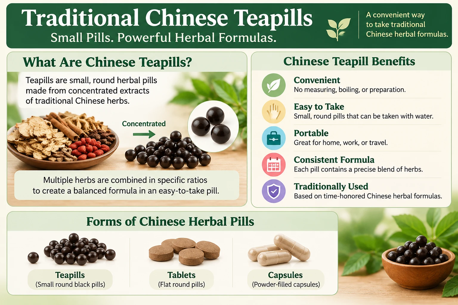 Traditional Chinese teapills infographic explaining what teapills are, their convenience and portability, and the differences between herbal teapills, tablets, and capsules