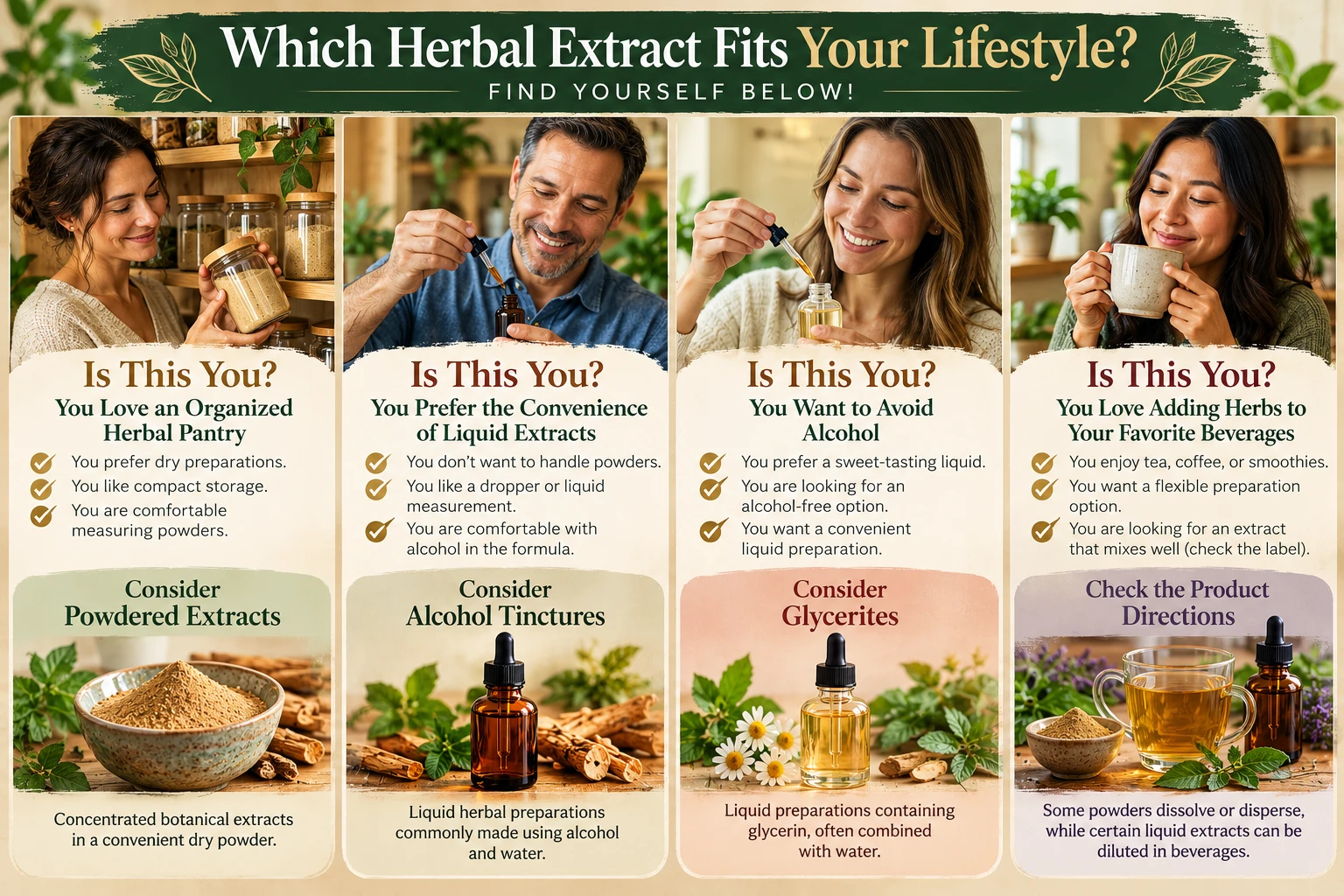 Discover which herbal preparation fits your everyday routine. Compare powdered concentrates, alcohol tinctures, and glycerites to find the format that suits your preferences.