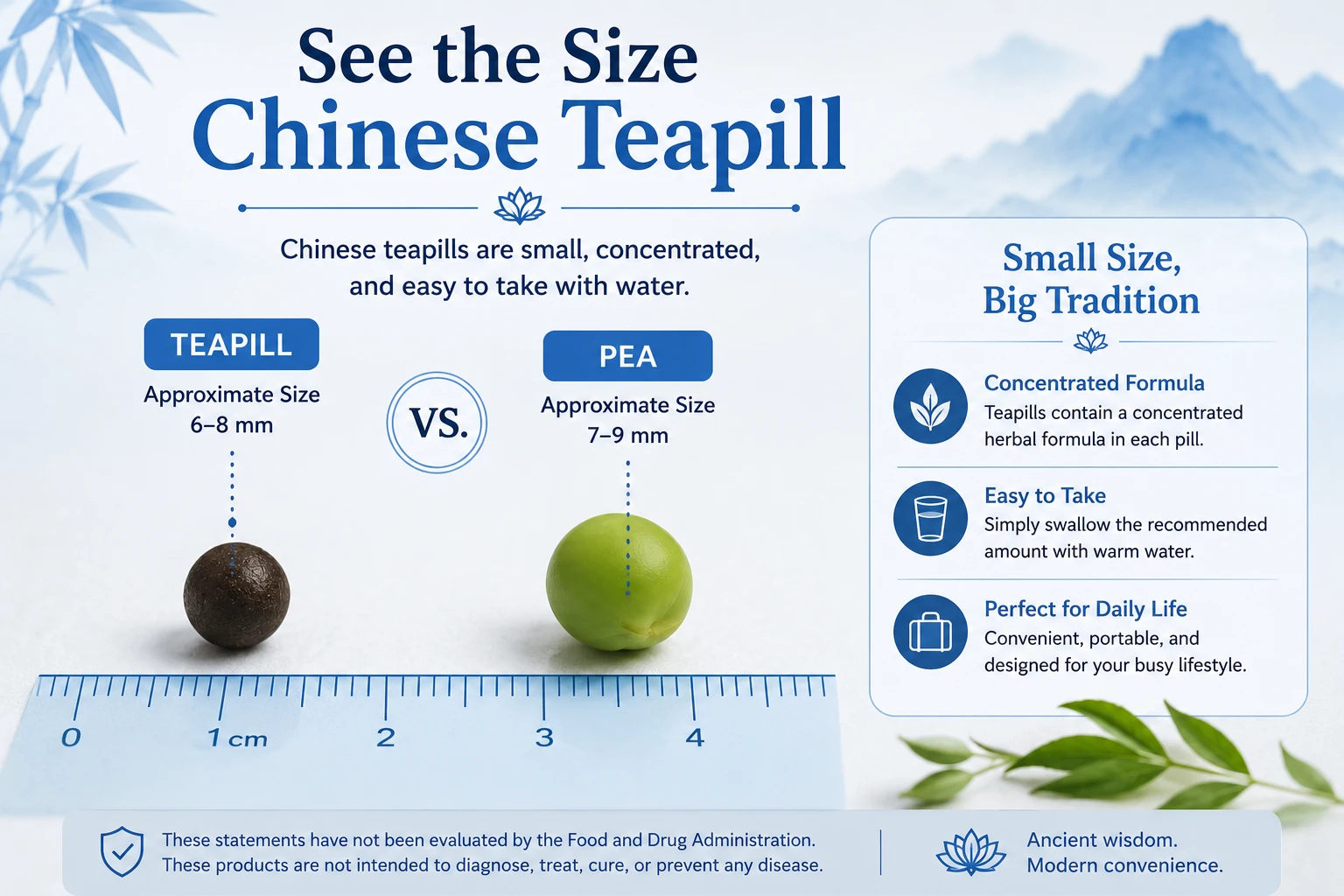 A teapills is similar in size of a green pea