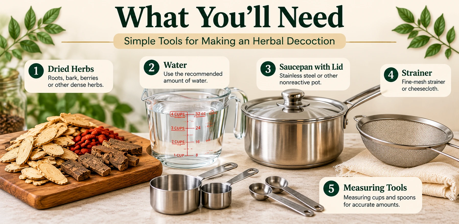 Herbal decoction supplies including dried Chinese herbs, fresh water, a stainless-steel saucepan with lid, fine-mesh strainer, and measuring cups and spoons for preparing herbal roots, bark, and berries.