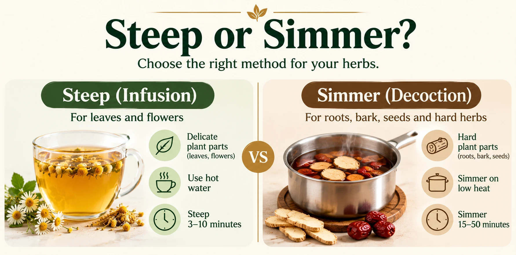 Steep or Simmer herbal preparation guide from 1st Chinese Herbs showing how to steep leaves and flowers in hot water for 3–10 minutes versus simmering roots, bark, and seeds for 15–50 minutes.