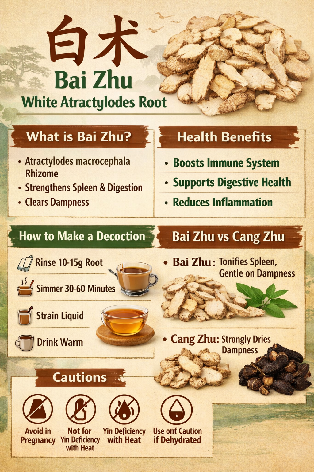 Bai Zhu White Atractylodes Root compared to Cang Zhu Black Atractylodes Root