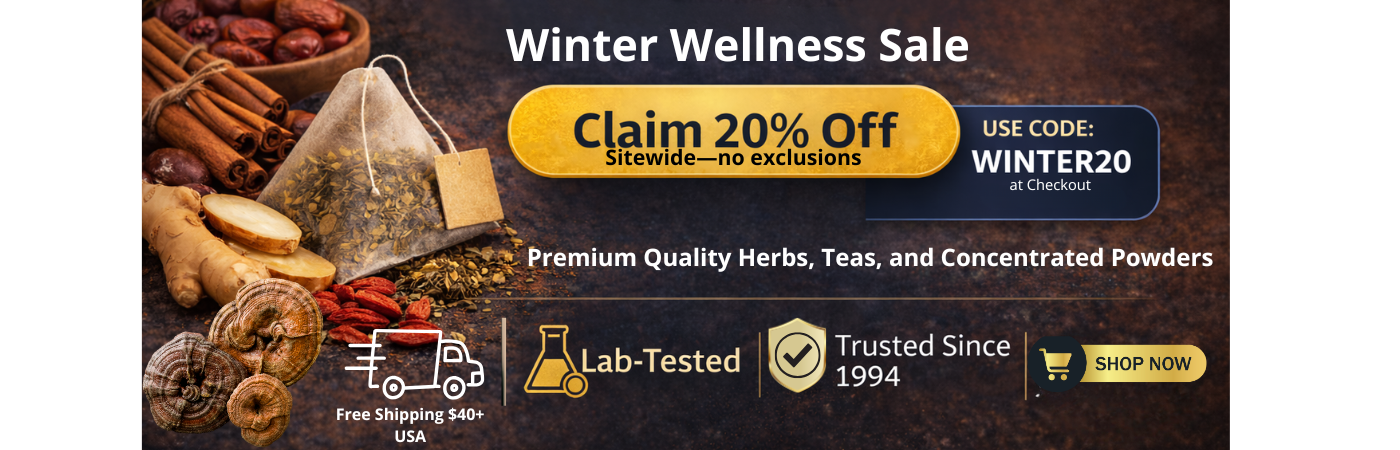 Winter Wellness Sale banner for 1st Chinese Herbs offering 20% off sitewide on herbs, teas and powders with code WINTER20 ending Sunday.