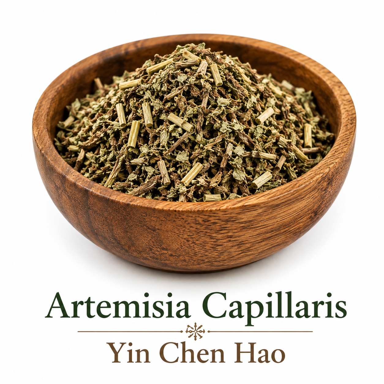 Cut Yin Chen Hao (Artemisia capillaris) displayed in a wooden bowl, showing the natural dried leaves, stems, irregular pieces, and green-brown coloring of this traditional Chinese herb.