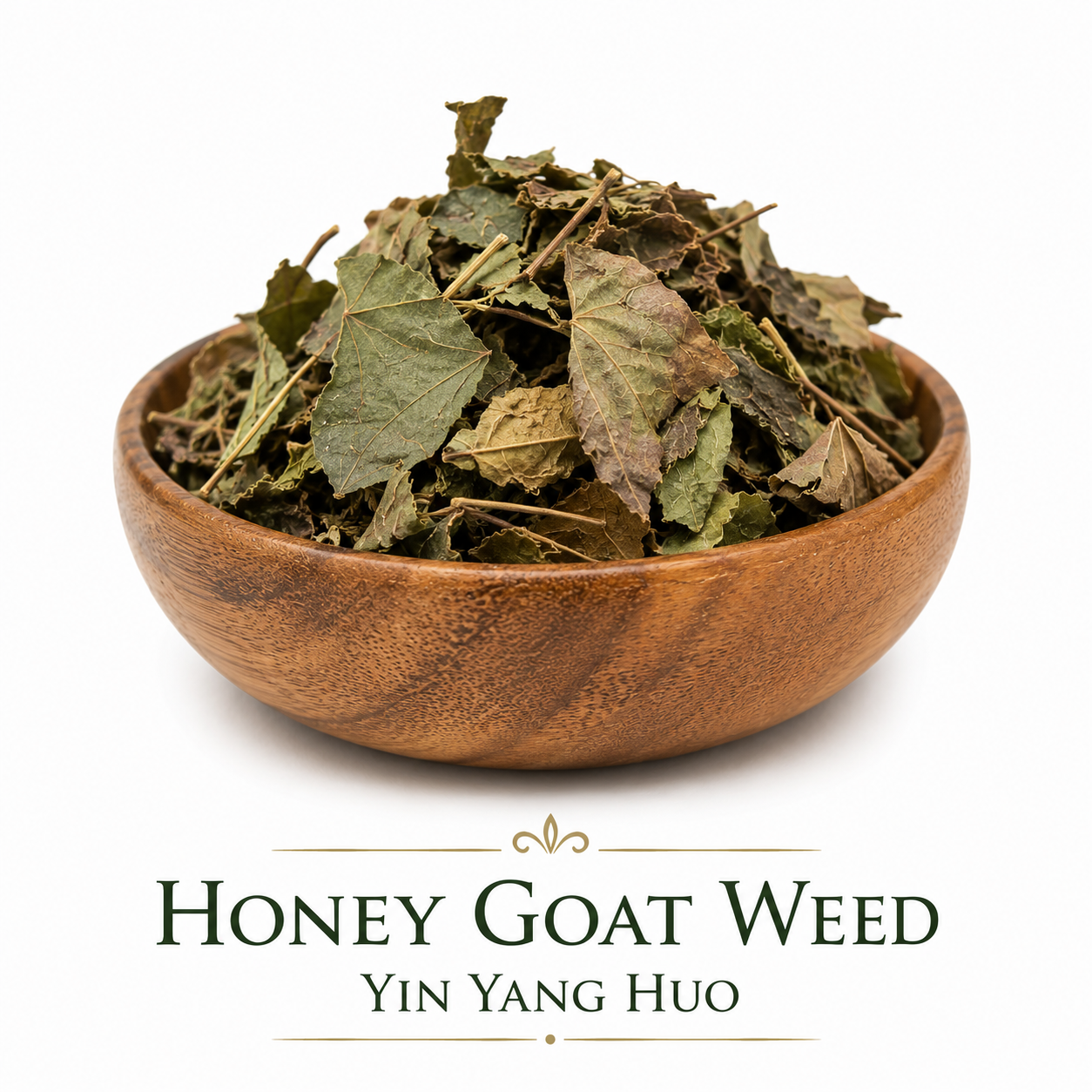 Premium Honey Goat Weed (Yin Yang Huo) displayed in a wooden bowl, highlighting the natural appearance of whole dried Epimedium used in Traditional Chinese herbal practice.