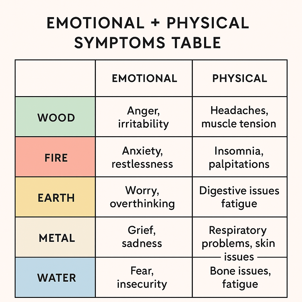 emotional and physical table of the 5 elements
