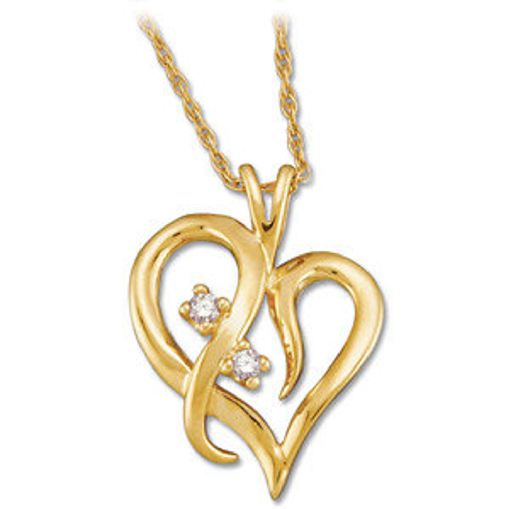 This 14k gold pendant features a diamond heart 16" necklace adorned with two round diamonds. Diamonds are .03ctw, G-H in color, and I1 or better in clarity.