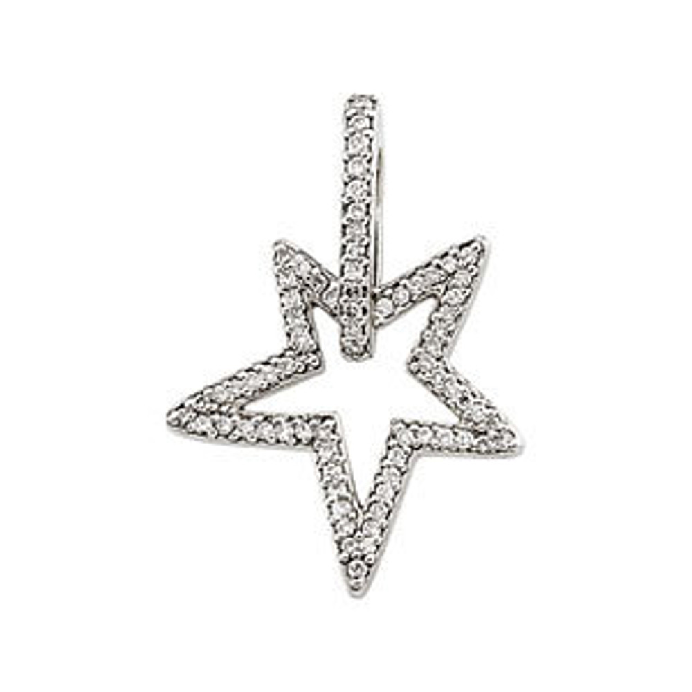 The cool gleam of white gold and the fire of diamonds combine to a beautiful effect in these uniquely elegant star diamond star pendant. Intricate, dramatic cutout designs are exquisitely rendered in white gold and set with dazzling diamonds. A gorgeous evening look.