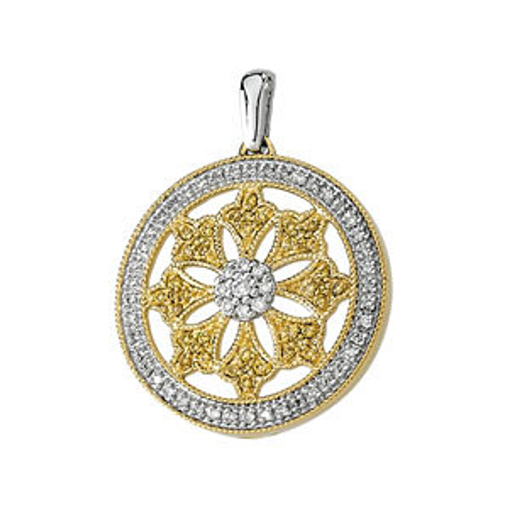 Natural Yellow & White Diamonds Circle Pendant In 14K Yellow Gold/Rhodium Plated and weighs 6.02 grams. Diamonds are 1/2 ct. tw, H-I in color and I1 or better in clarity. Polished to a brilliant shine.