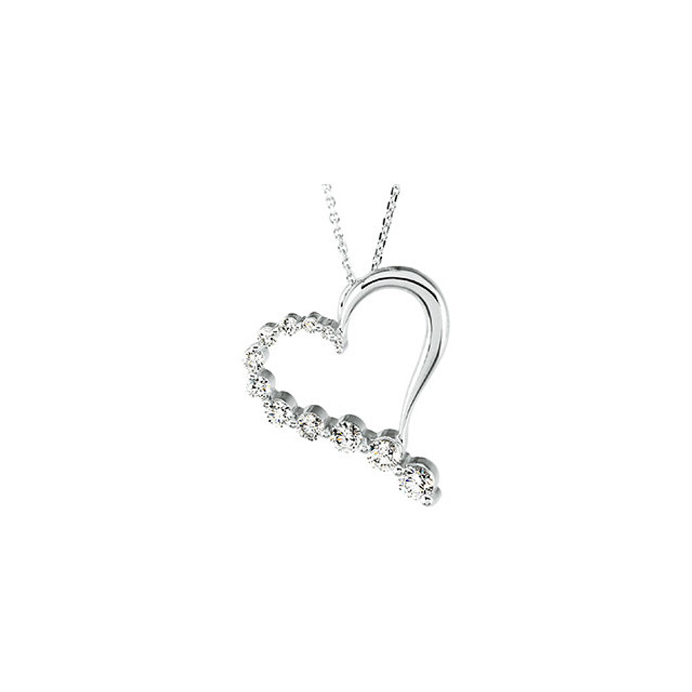 This elegant 14k white gold necklace features a heart adorned with sparkling round cut diamonds. Diamonds are 1ctw and I1 or better in clarity. Polished to a brilliant shine.